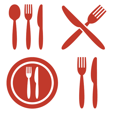 Plate, fork, spoon and knife icons on white background. Vector illustrationのイラスト素材
