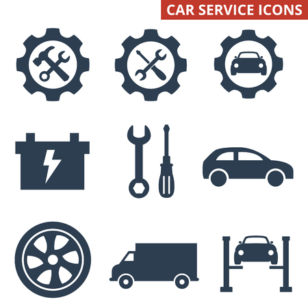 Car service and repair icons set on white background. Vector illustrationのイラスト素材