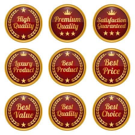Collection of golden and red badges on white background. Vector illustrationのイラスト素材