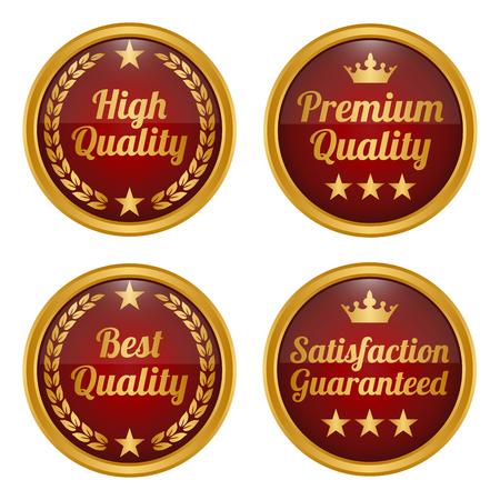 Collection of golden and red badges on white background. Vector illustrationのイラスト素材