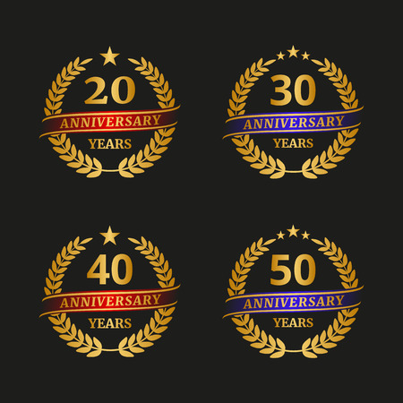 Anniversary golden laurel wreath set on black background. Vector illustrationのイラスト素材