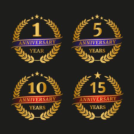 Anniversary golden laurel wreath set on black background. Vector illustrationのイラスト素材