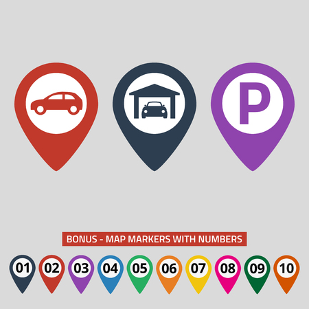 Map pointers with car parking icon on grey background. Vector illustrationのイラスト素材