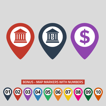 Map pointers with bank icon on grey background.のイラスト素材