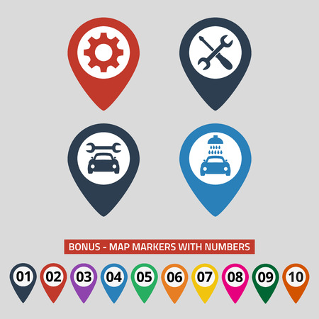 Map pointers with car service icons on grey background. Vector illustrationのイラスト素材