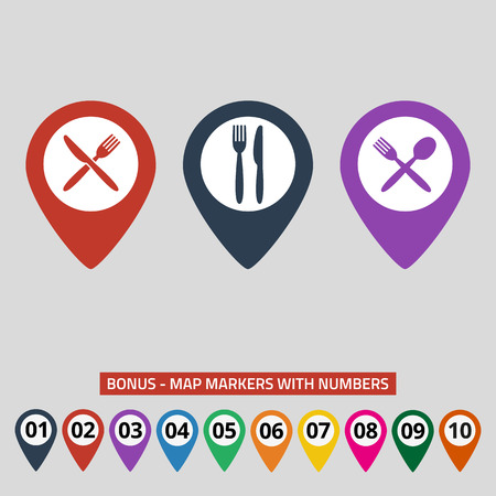 Map markers with fork spoon and knife. Vector illustrationのイラスト素材