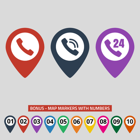 Map pointers with phone handset on grey background. Vector illustrationのイラスト素材