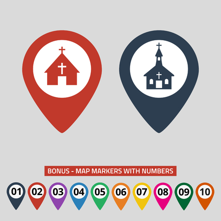 Map pointers with church icon on grey background. Vector illustrationのイラスト素材