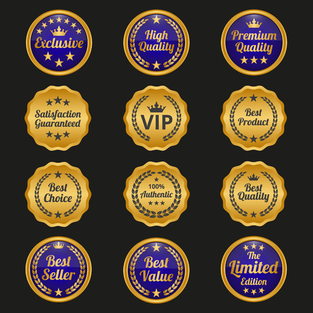 Collection of golden labels on black background.のイラスト素材