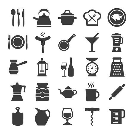 Kitchen and cooking icons set on white background. Vector illustrationのイラスト素材