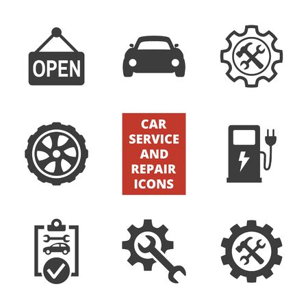 Car service and repair icons set on white background. Vector illustrationのイラスト素材