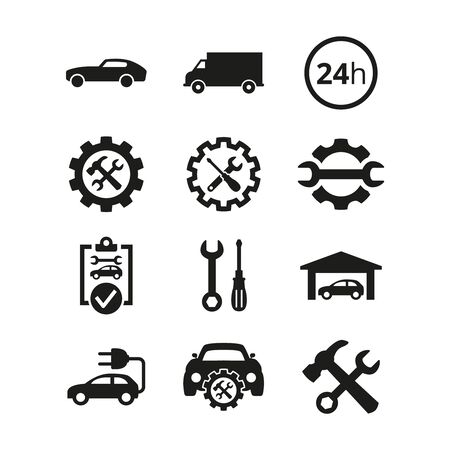 Car service and repair icons set on white background. Vector illustrationのイラスト素材