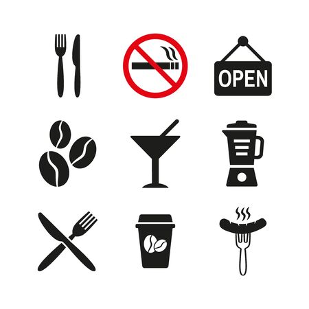 Restaurant and cafe icons set on white background. Vector illustrationのイラスト素材