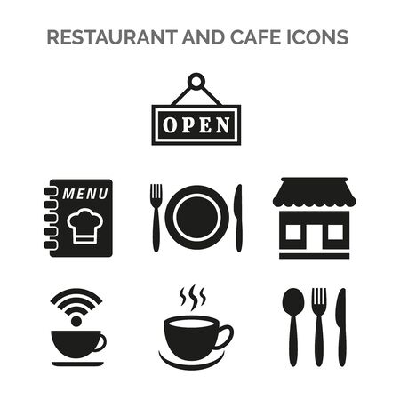 Restaurant and cafe icons set on white background. Vector illustrationのイラスト素材