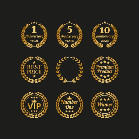 Set of golden laurel wreaths on black background. Vector Illustrationのイラスト素材