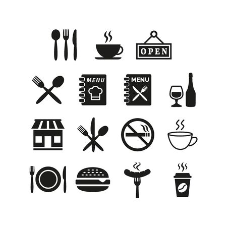 Restaurant and cafe icons set on white background. Vector illustrationのイラスト素材