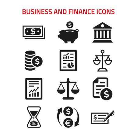 Business and finance icons set on white background. Vector illustrationのイラスト素材