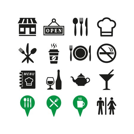 Restaurant and cafe icons set on white background. Vector illustrationのイラスト素材