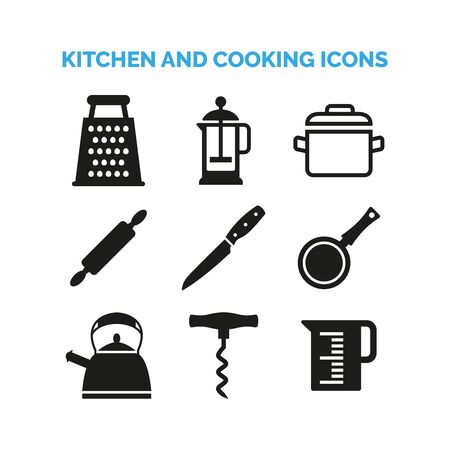 Kitchen and cooking icons set on white background. Vector illustrationのイラスト素材