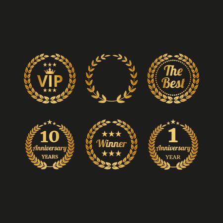 Set of golden laurel wreaths on black background. Vector Illustrationのイラスト素材