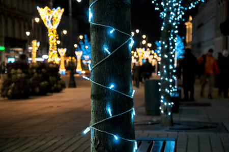 Christmas lights on the tree. Moving people in the background, making christmas shopping.