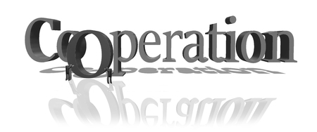 Cooperation 3D illustration. Two stickmen push the O letter into the whole Cooperation word. Concept of helping each other to achieve common success.の写真素材