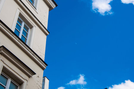 Old building, architecture from the bottom with blue sky in the background, with copy space