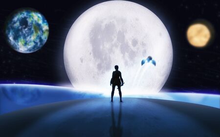 Sci fi fantasy astronaut left alone by her crew on foreign icy planet. Farewell concept. Full moon with reflection, hero illustration. Space and technology artworkの写真素材