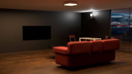3D rendering of room with blank black plasma TV in focus, with red sofa in the middle. Home cinema advertisment mockup. Soft and dim lighting, wooden floor and reflections in glass doorsの写真素材