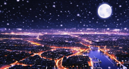 Illustration of fairytale winter cityscape. Snow-covered roofs at snowfall night with a full moon in the skyの写真素材