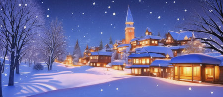 Illustration of fairytale winter cityscape. Snow-covered roofs at snowfall night with a full moon in the skyの写真素材