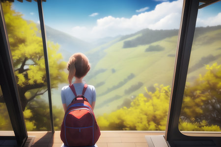 Back view of a young woman looking out the window at the mountain landscapeの写真素材