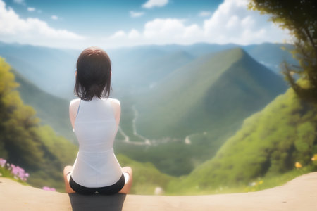 Young asian woman sitting and meditating on the mountain with nature backgroundの写真素材
