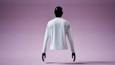 A minimalist mannequin with a black head and hands showcases a sleek, white long sleeve shirt...