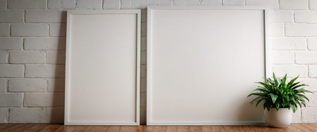 Two blank frames of different sizes sit on a wooden floor against a white brick wall, accompanied by...