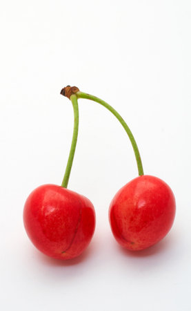 Two cherries isolated on white backgroundの写真素材