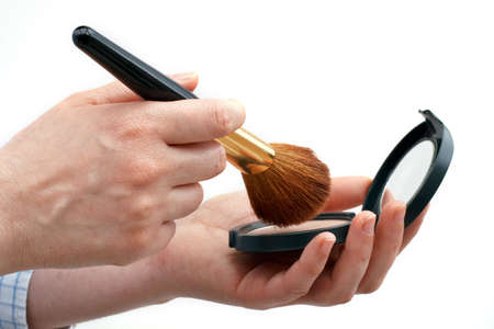 Cosmetic Powder and brush isolated on whiteの写真素材