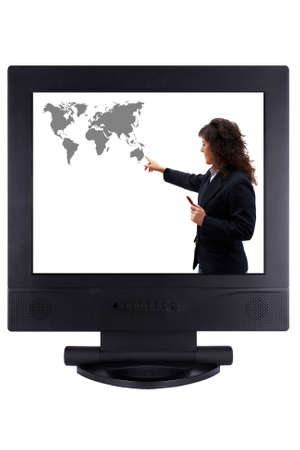 A flat panel lcd computer monitor with business woman, isolated on whiteの写真素材