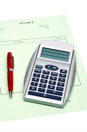Blank invoice with pen and calculator on white background (small DOF)