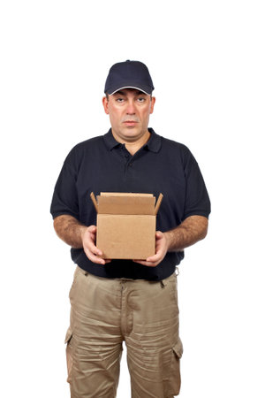 A courier holding a open box on white background