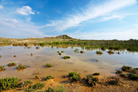 Hill over the blue sky and the lake in season spring