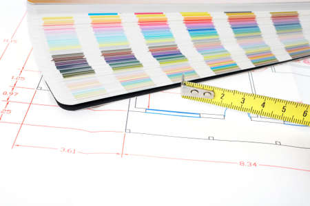 Colour guide, measuring tape and architectural planの写真素材