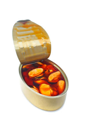 Some mussels canned on white backgroundの写真素材