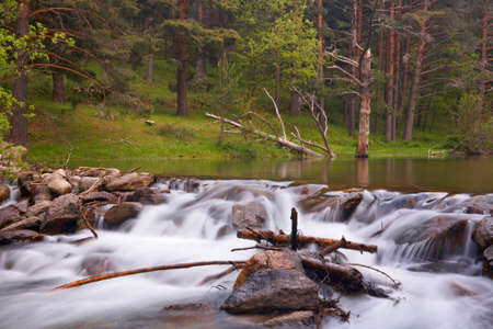 A mountain river with waterfalls in the spring seasonの写真素材