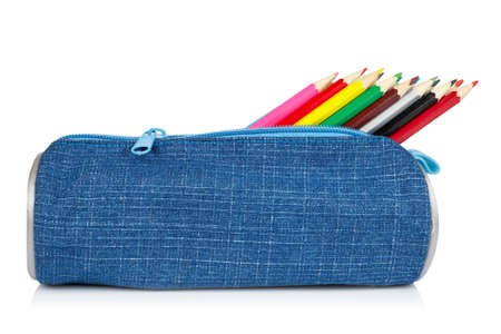 A blue pencil case reflected on white backgroundの写真素材