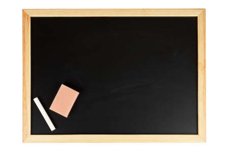 A empty black chalkboard with chalk and eraserの写真素材