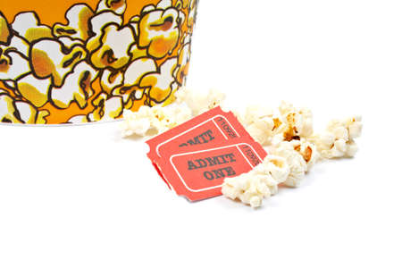 Popcorn bucket with two tickets on white backgroundの写真素材