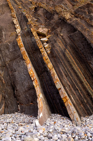 Multiple layers of eroded cliff in a pebbles beach