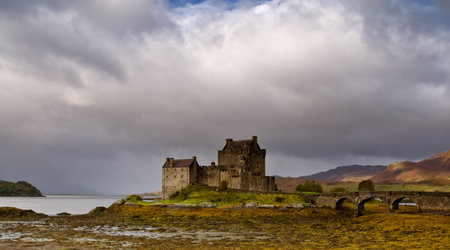 A view of Eilean Donan castle under a cloudy sky, Scotland
