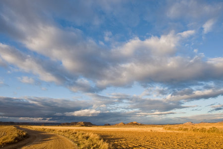 Lonely road to desert under cloudy sky at sunset